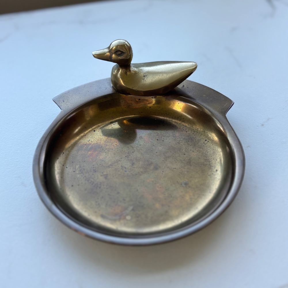 VTG Solid Brass Duck Trinket Dish Mallard Figurine MCM Small Catchall Tray